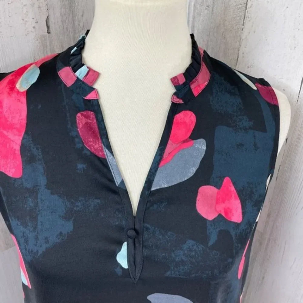 Nic + Zoe Women's Black Pink Print V Neck Sleeveless Shirt Top Blouse Sz XS‎